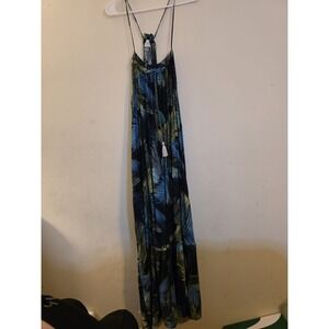 CUPIO Size XL Green/Blue Boho Tassel Hawaiian Aloha Ruffle Halter Maxi Dress‎